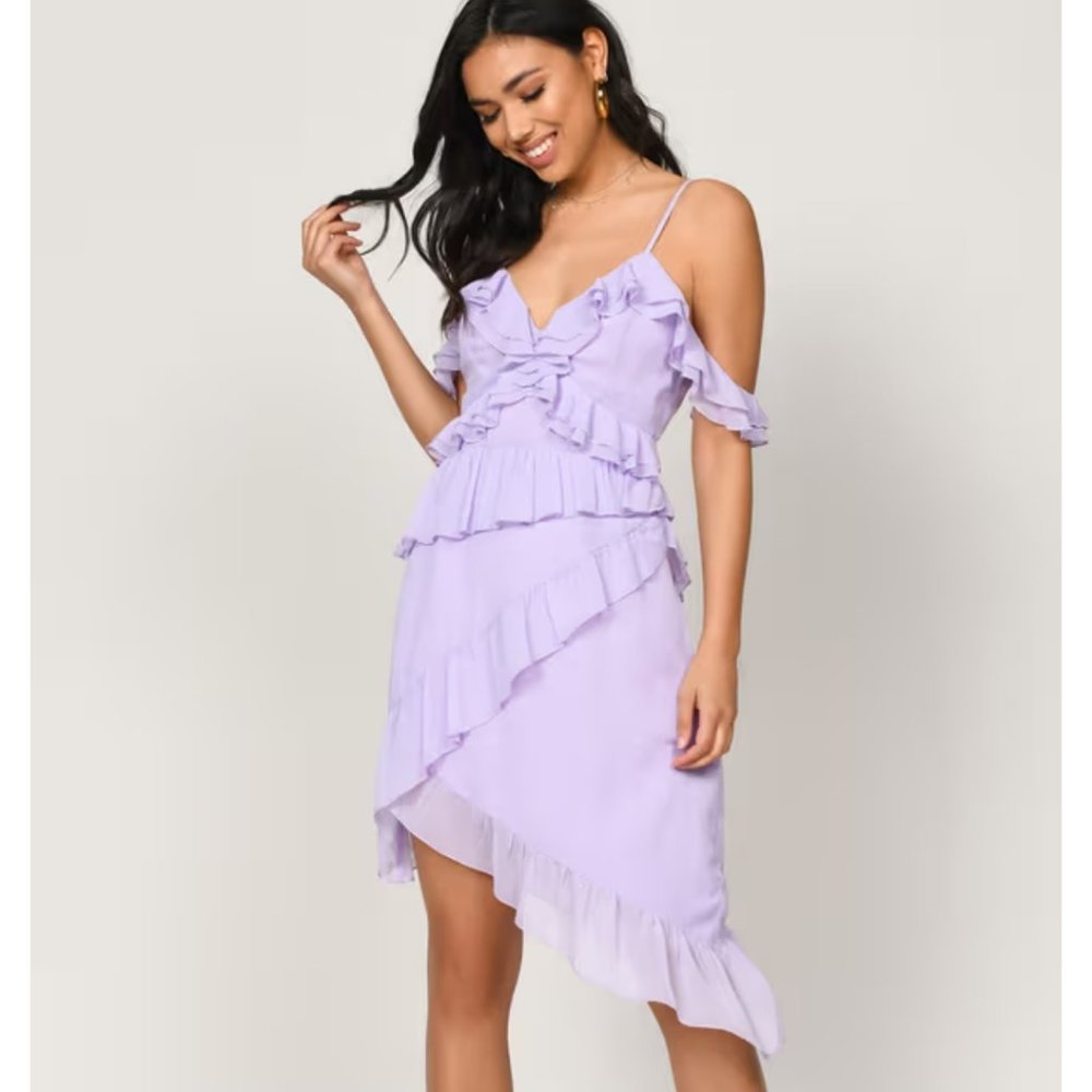 Tobi Dhalia Lavender asymmetrical  ruffle midi dress